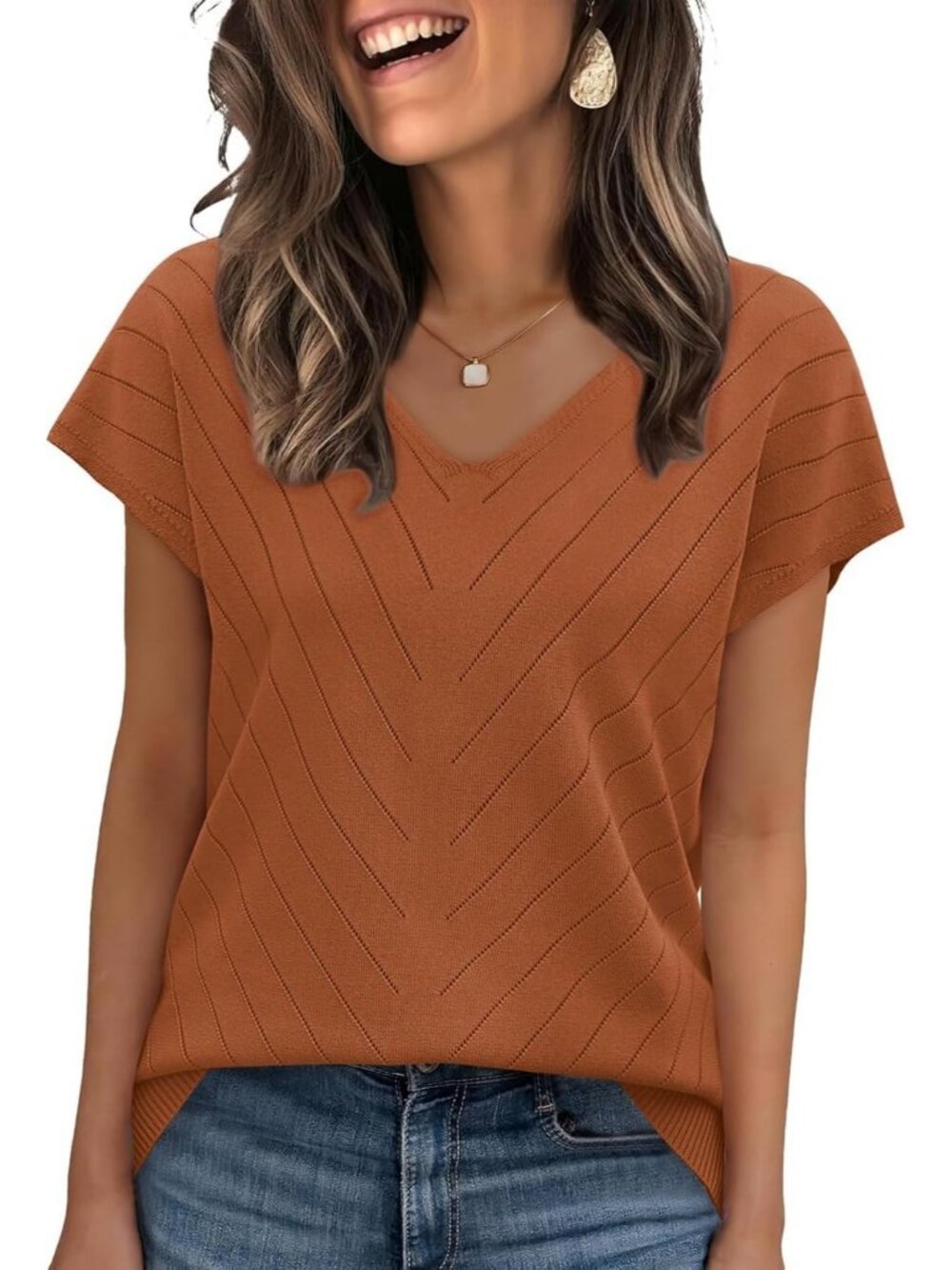 Womens Caramel Trendy Summer Tops Sweater Pullover V-Neck Pull On Short Sleeve